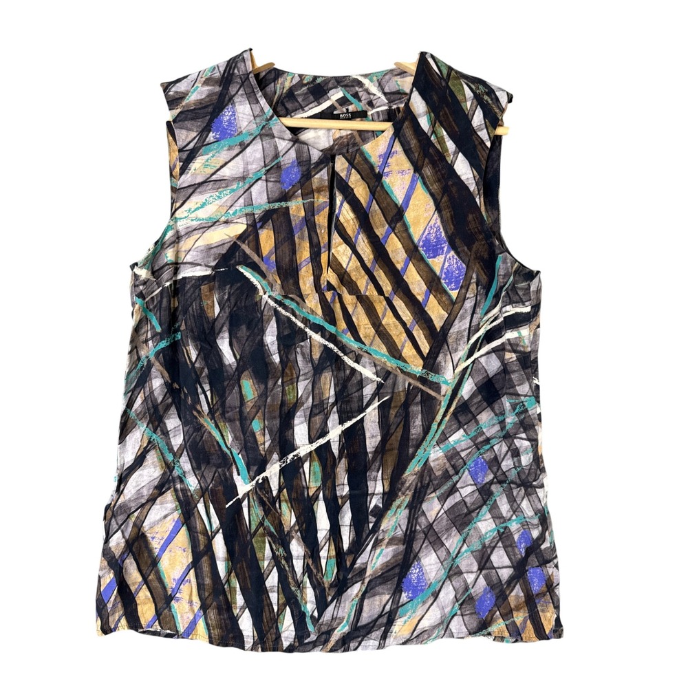 BOSS Hugo Boss Iena2 100% Silk Abstract Geometric Sleeveless Blouse Top US 6